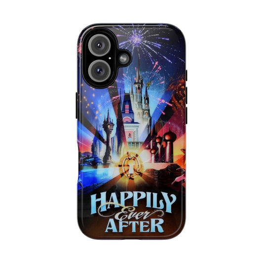 Phone case featuring a silhouette of the iconic Disney castle with "Happily Ever After" text