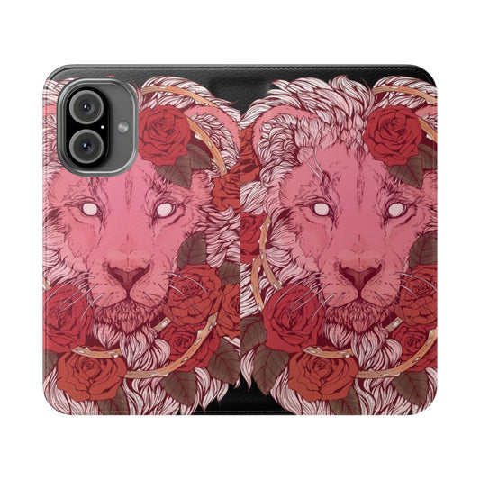 Vibrant flip cover phone case featuring a majestic lion surrounded by delicate roses and crystal gems.