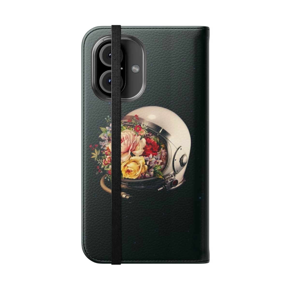 Floral phone case with a surreal, space-themed collage design featuring an astronaut, stars, and flowers. - Folded Front