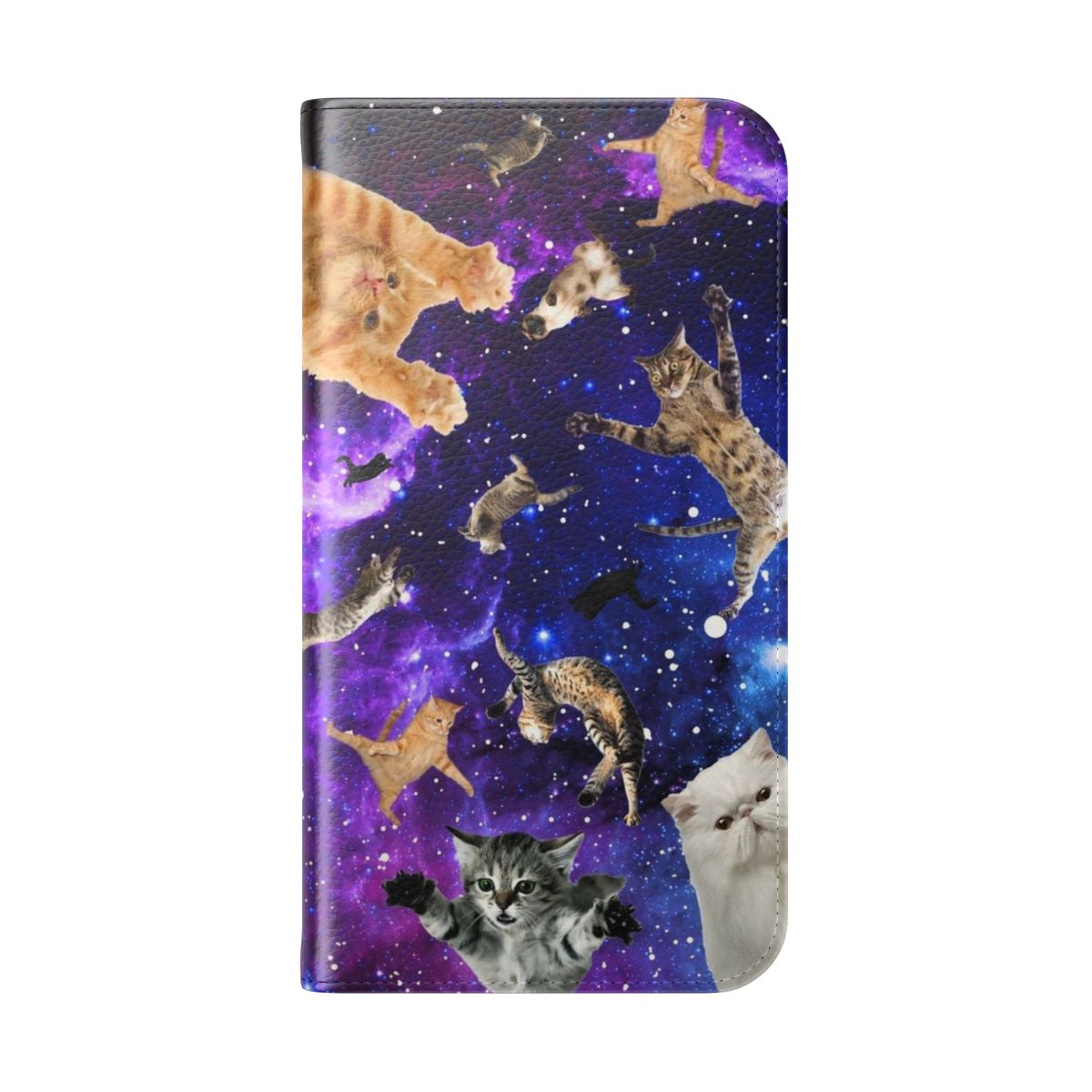 A fun and stylish phone case featuring whimsical space cats floating amongst the stars. - Folded Back