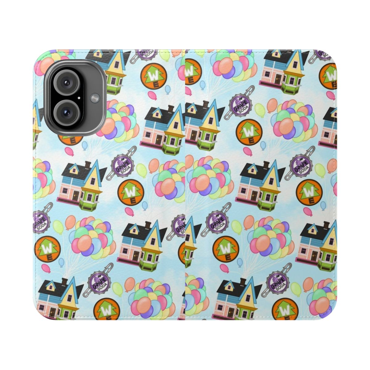 Protective flip cover phone case with a magical "Up" movie-inspired pattern featuring balloons, clouds, and a Starbucks-style coffee cup.