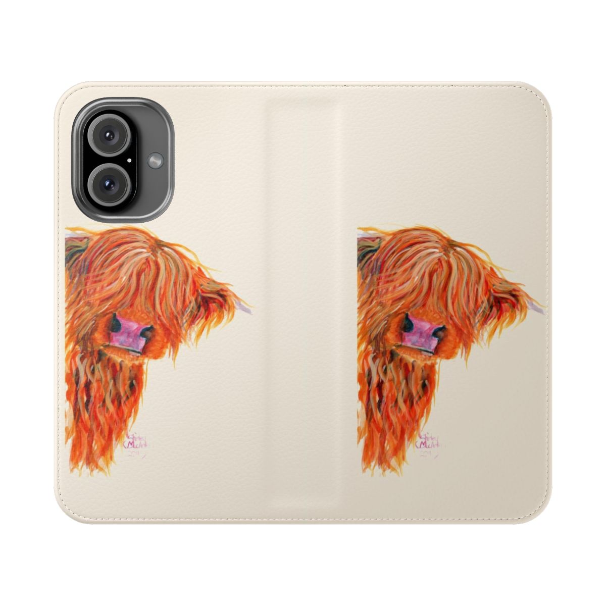 Vibrant illustration of a curious, ginger-haired highland cow peeking out from a flip phone case design