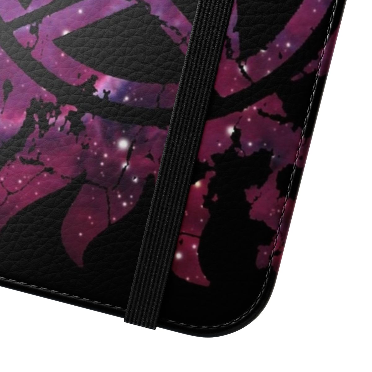 A flip phone case featuring a supernatural-inspired galaxy print design. - Close Up