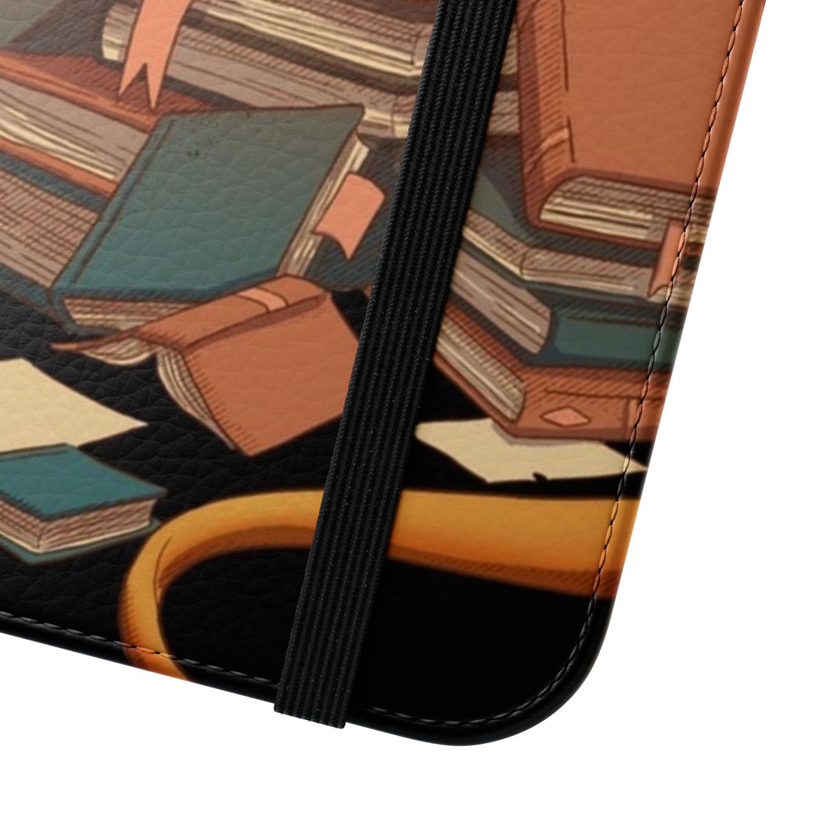 A fantasy-inspired flip cover phone case featuring a dragon and books, perfect for book lovers. - Close Up