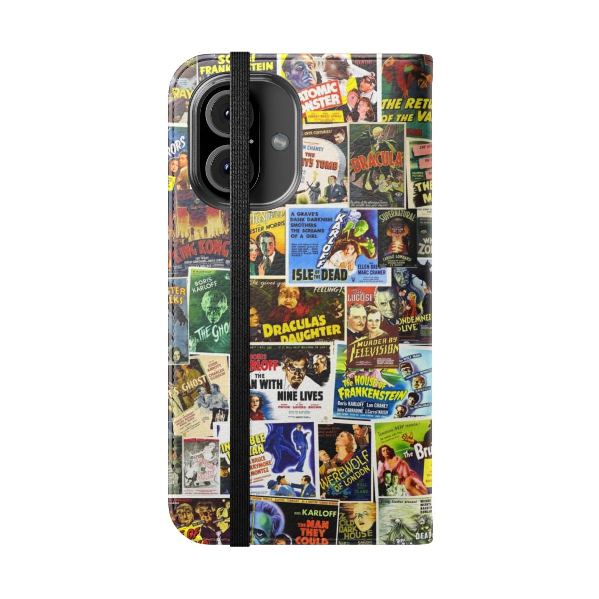 Vintage-style flip cover phone case with classic horror movie imagery - Folded Front