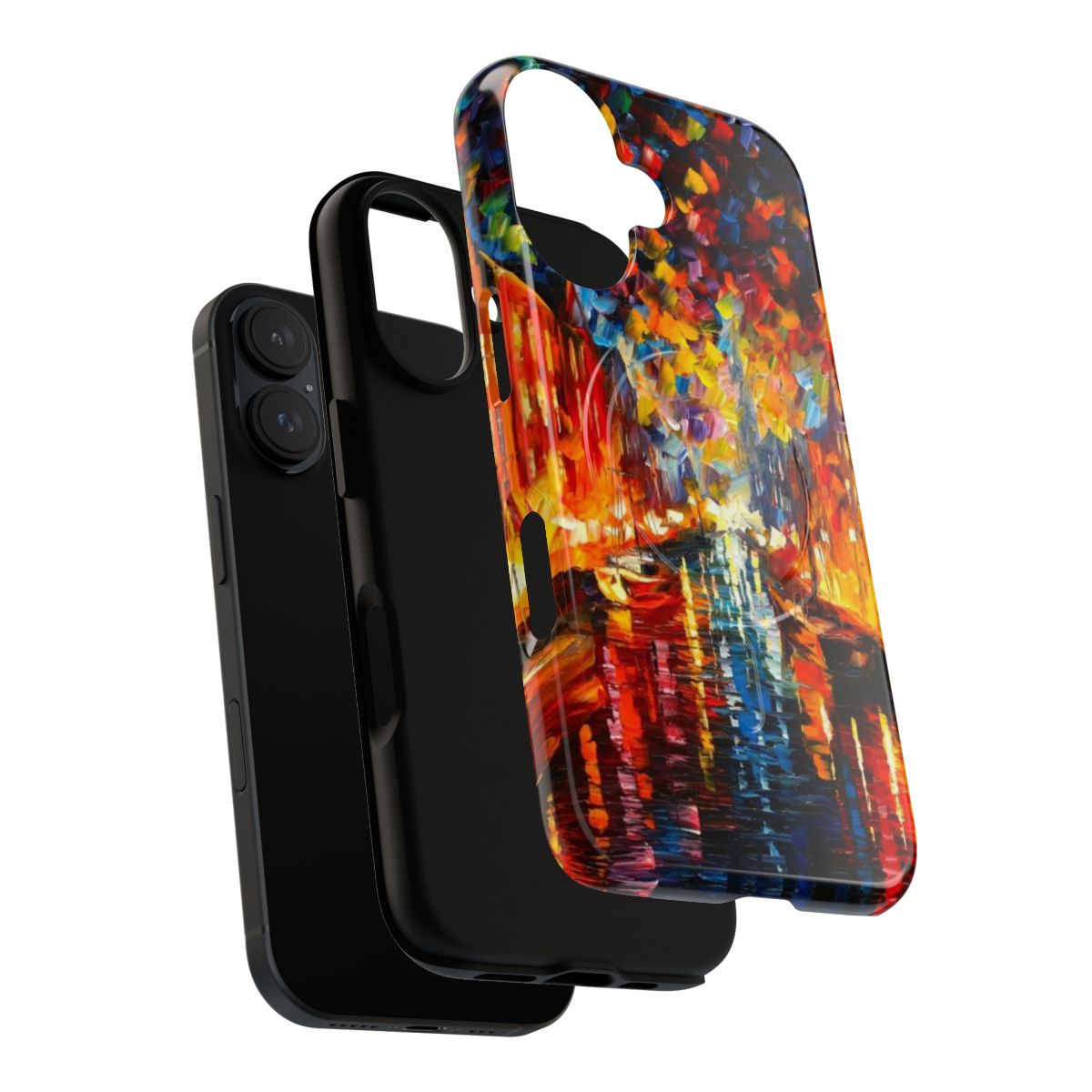 Decorative phone case featuring a Leonid Afremov-inspired painting of the Copenhagen cityscape at night. - Layers