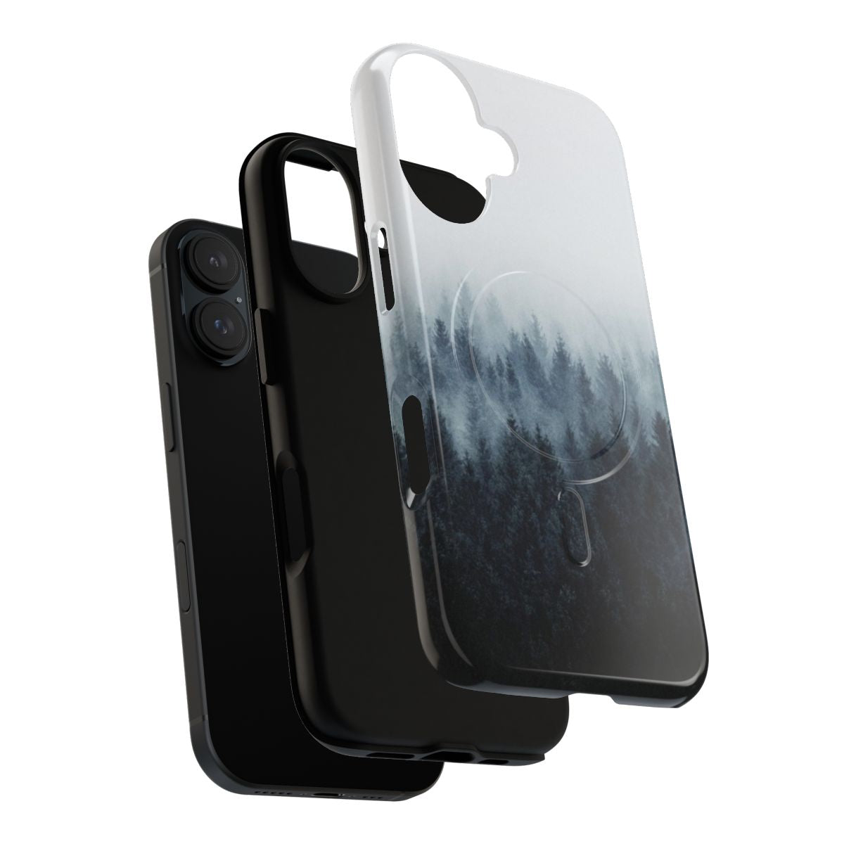 Stylish and durable magnetic phone case featuring a moody, misty forest landscape design. - Layers