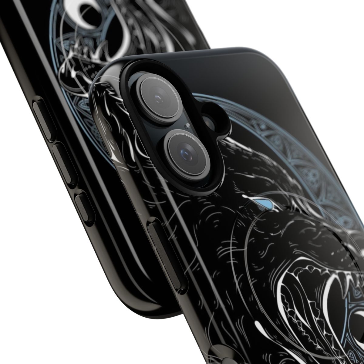 Magnetic tough phone case featuring a swirling design inspired by Norse mythology and the moon. - Detail