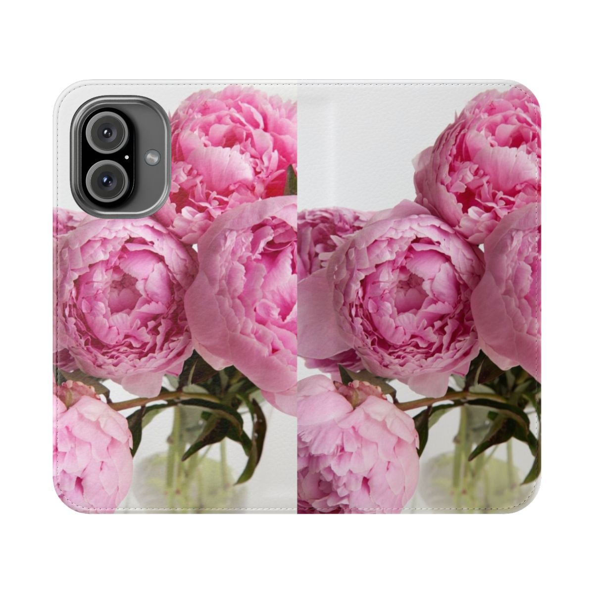 Closeup of a beautiful pink peony flower on a flip phone case