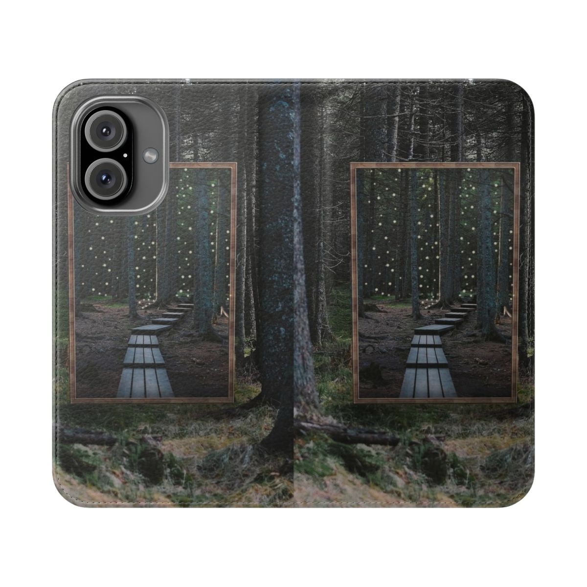 A nature-inspired collage art flip cover phone case with a mirror design