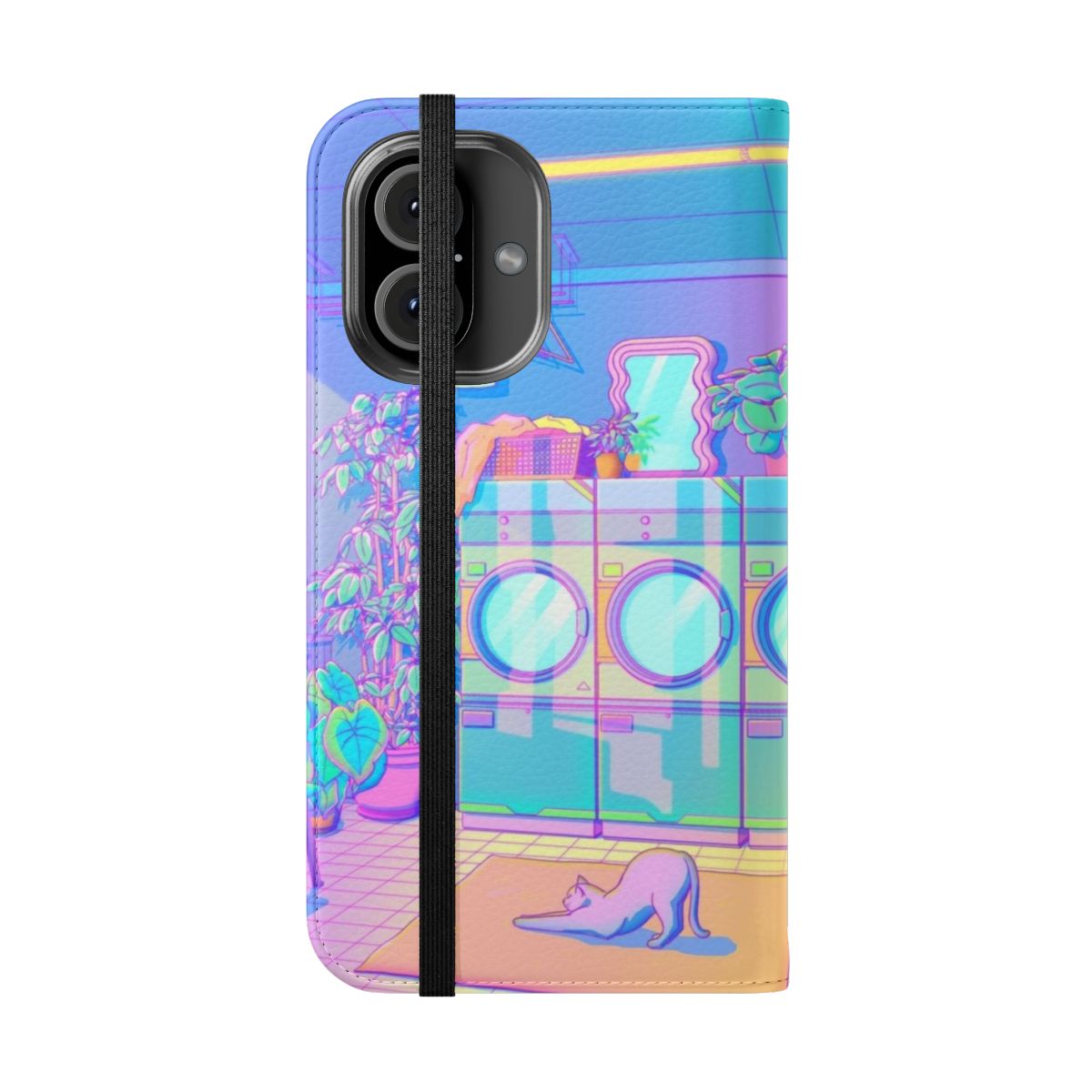 A blue and pastel-toned flip cover phone case featuring a cat and cityscape design, perfect for fans of Japanese pop culture and kawaii aesthetics. - Folded Front