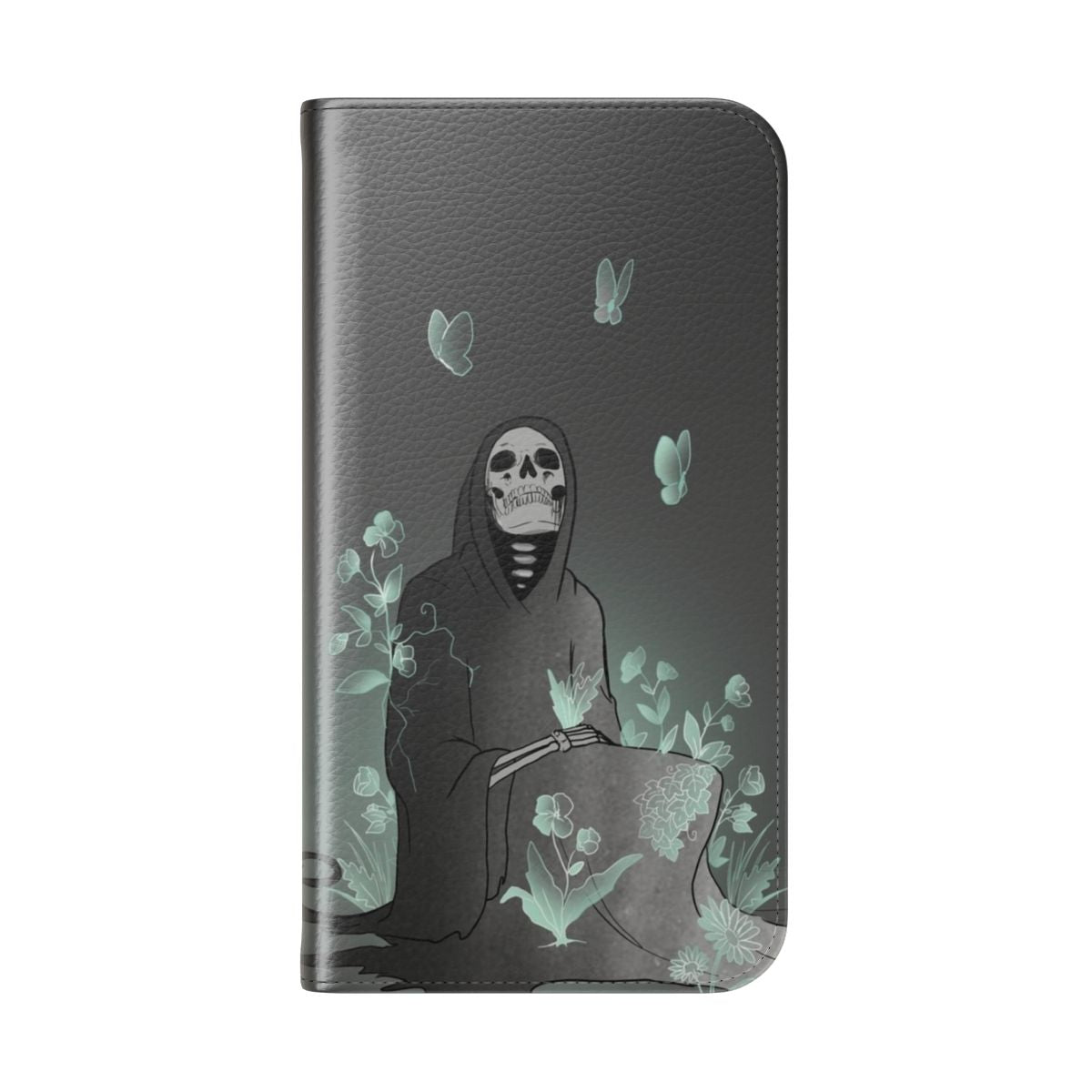 Grim reaper-themed flip cover phone case with supernatural design - Folded Back