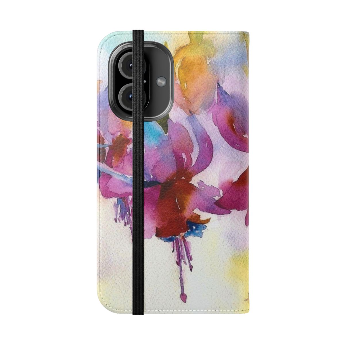 Watercolor painting of fuchsia flowers on a protective phone case - Folded Front