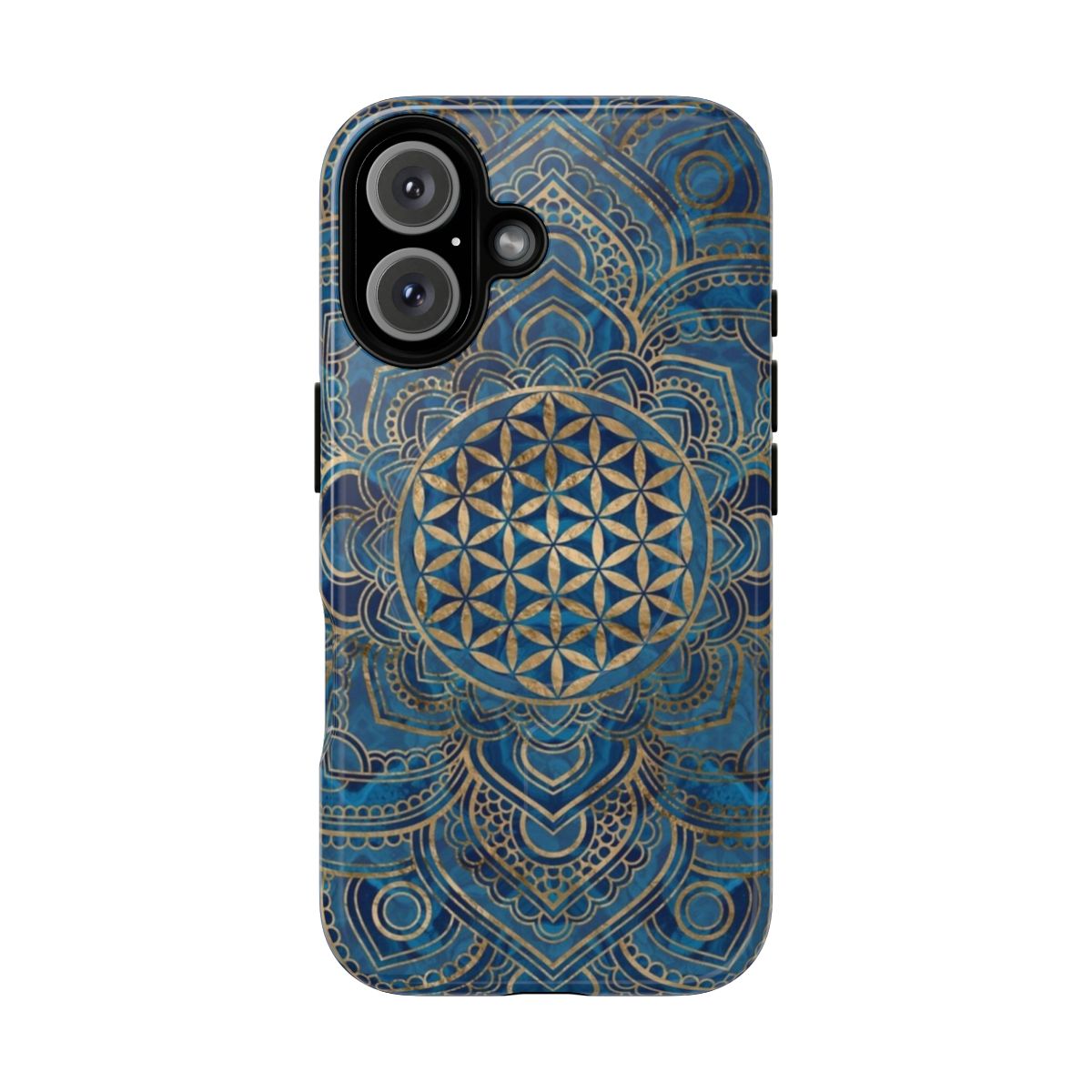 Blue marble and gold Flower of Life mandala phone case, featuring sacred geometry and a lotus symbol.