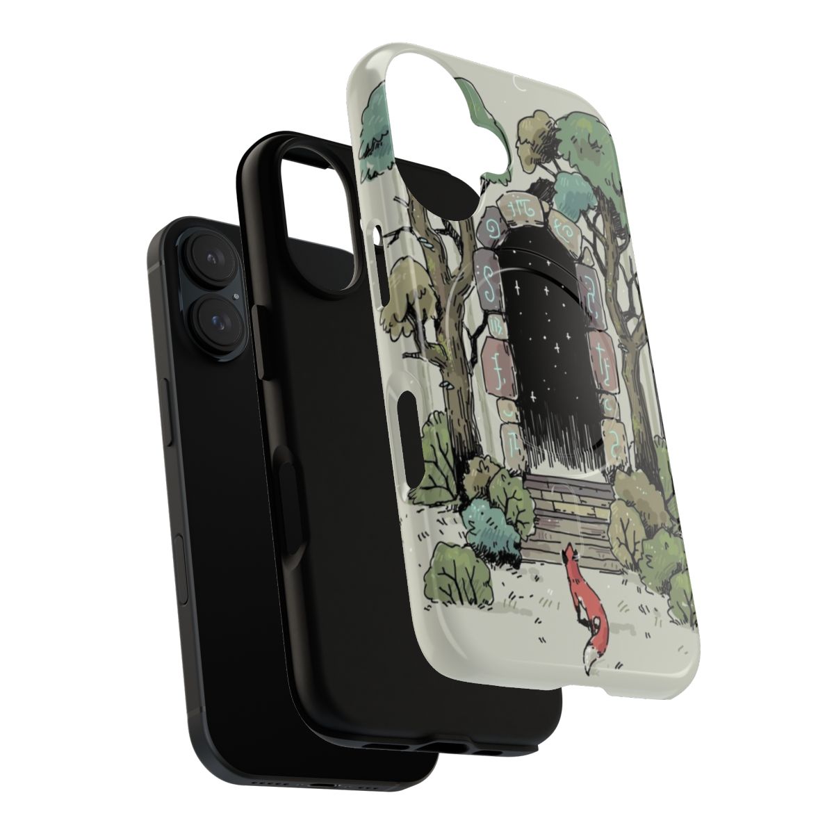 Whimsical forest-themed phone case with doodle art and animal elements - Layers