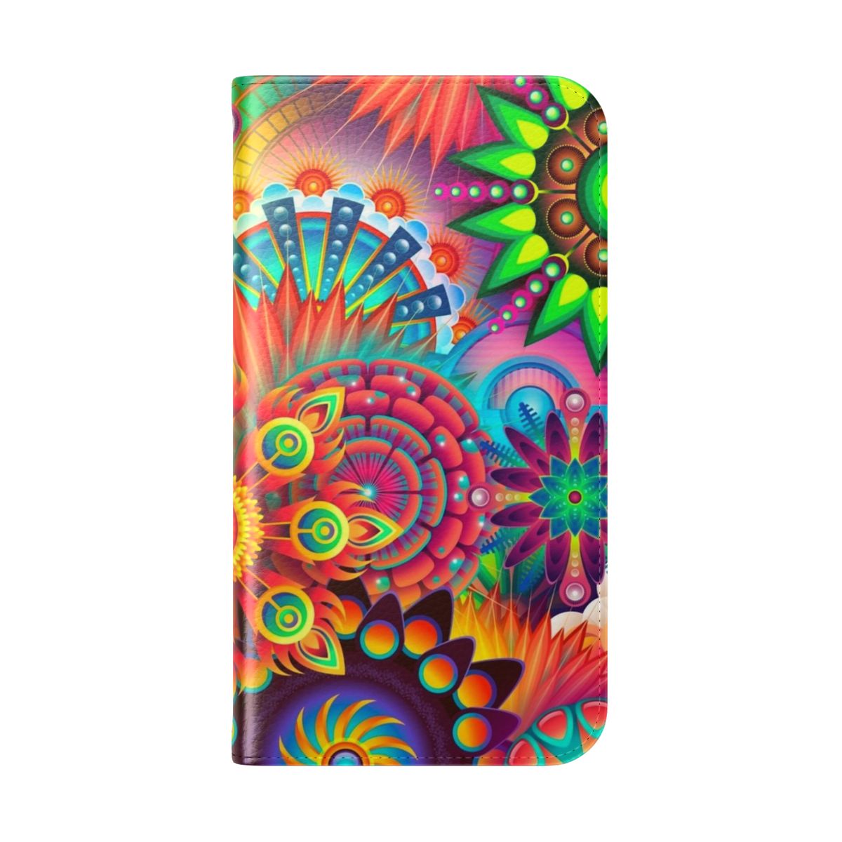 Vibrant floral design phone case with a mandala pattern in various colors - Folded Back