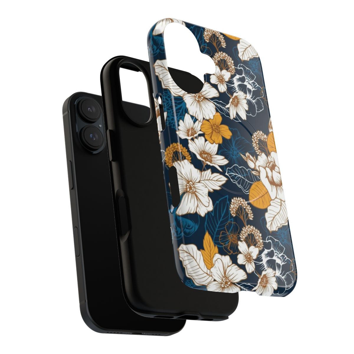 Navy and gold seamless pattern with hand-drawn peonies, roses, and botanical elements on a phone case. - Layers