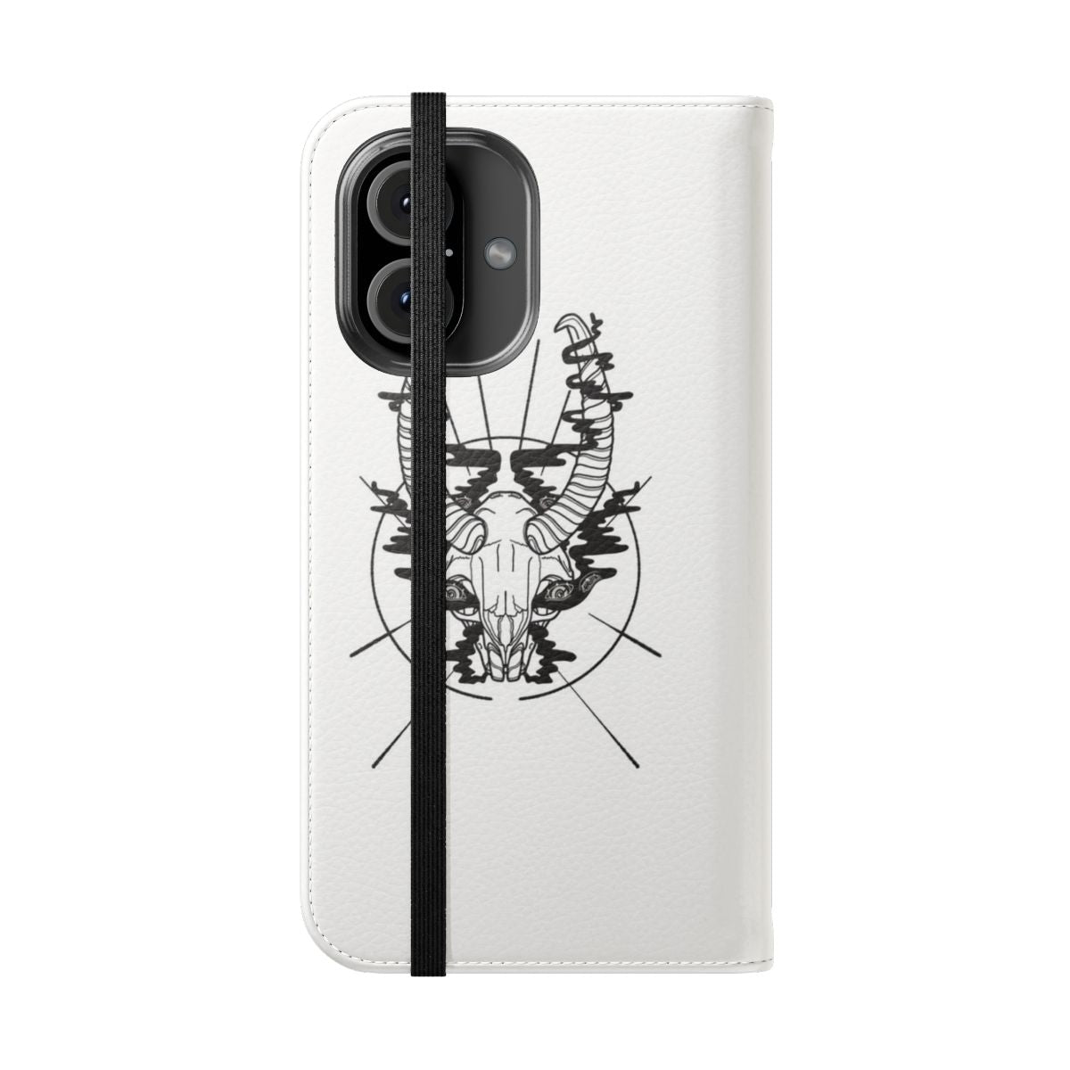 Flip phone case with occult design featuring skull, horns, and dark elements - Folded Front