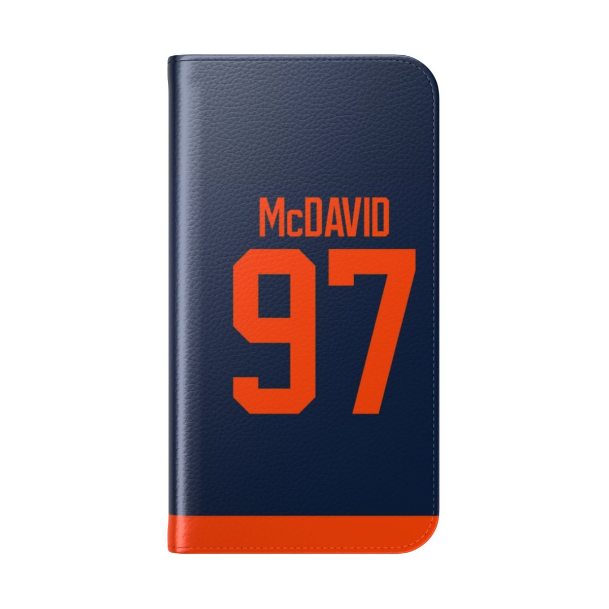 Customized phone case featuring the Edmonton Oilers' alternate jersey design and Connor McDavid's name and number. - Folded Back