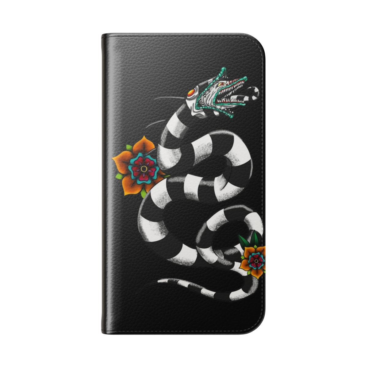 A black and white flip cover phone case featuring a spooky, gothic-inspired design with a snake-like creature. - Folded Back