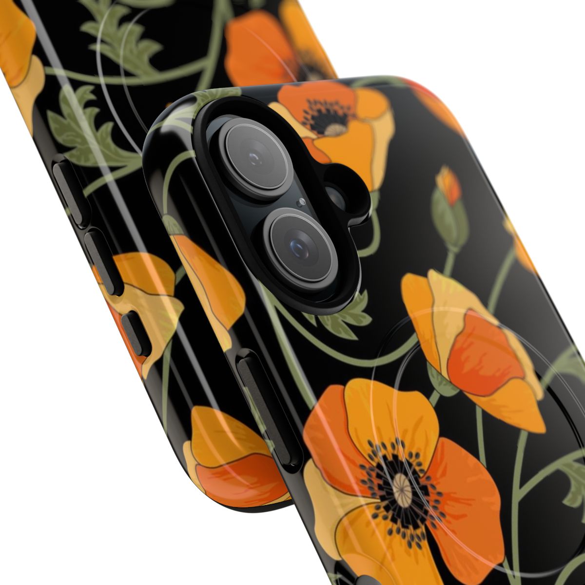 Artistic phone cases featuring a bold, vector-style pattern of yellow California poppies on a black background. - Detail