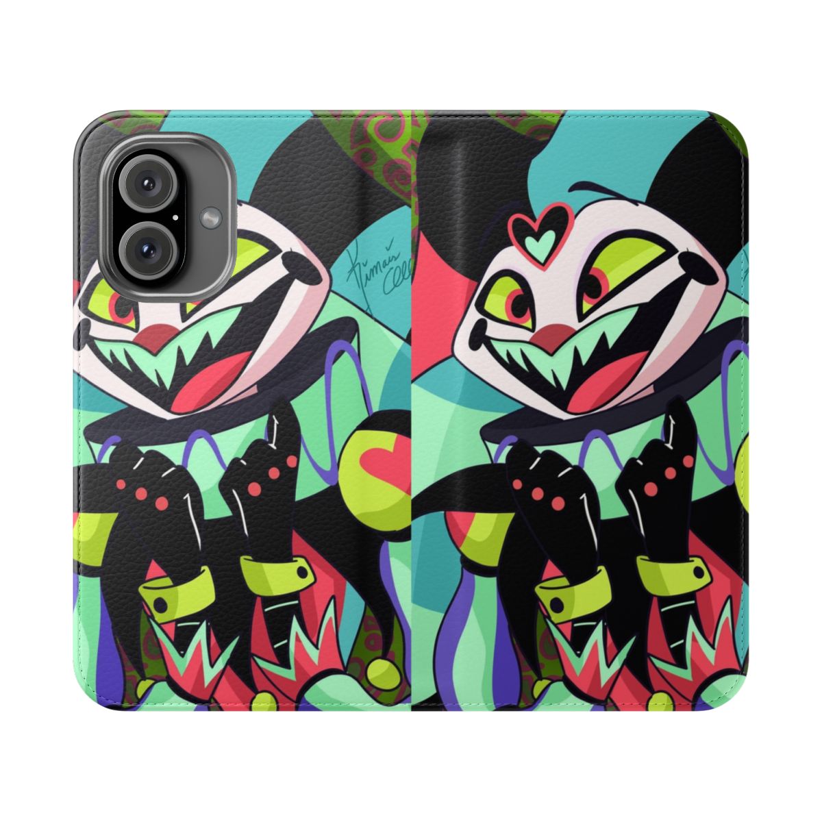 Fizzarolli-inspired flip cover phone case with a vibrant, colorful design for Helluva Boss fans