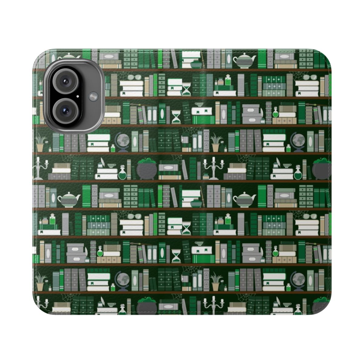 Flip cover phone case with a green and grey book pattern design