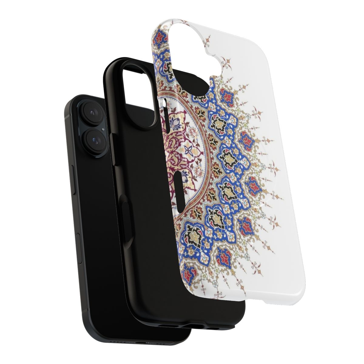 Stylish phone case featuring a vibrant Islamic-inspired design with arabesque patterns and geometric shapes in shades of blue. - Layers