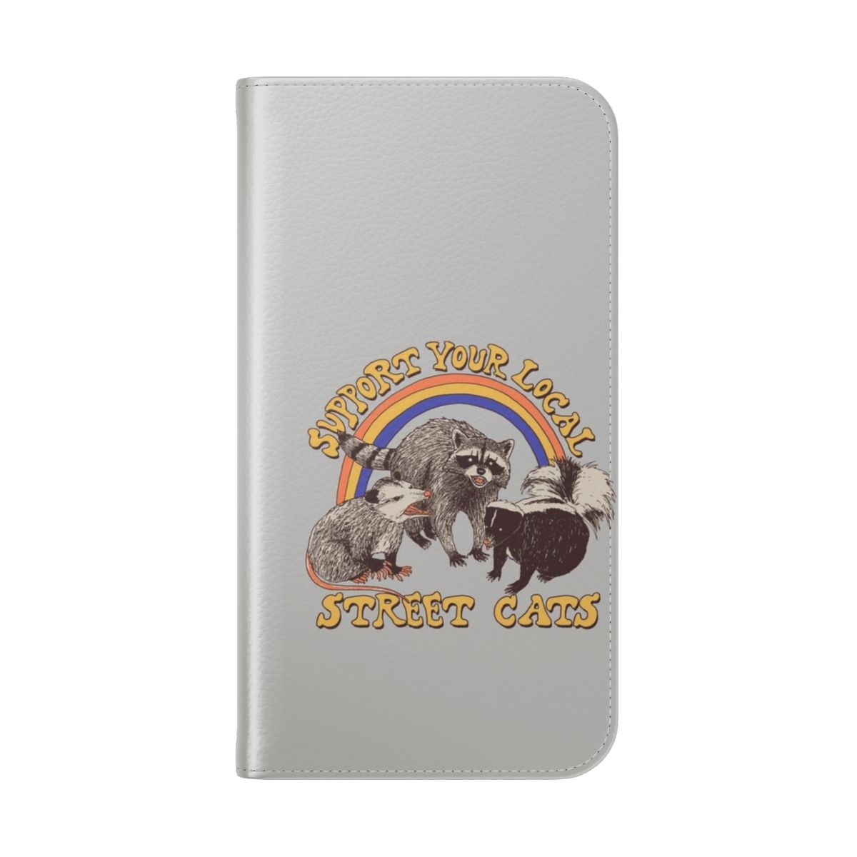 Vintage-style flip cover phone case with a whimsical animal print design featuring cats, raccoons, and other woodland creatures. - Folded Back