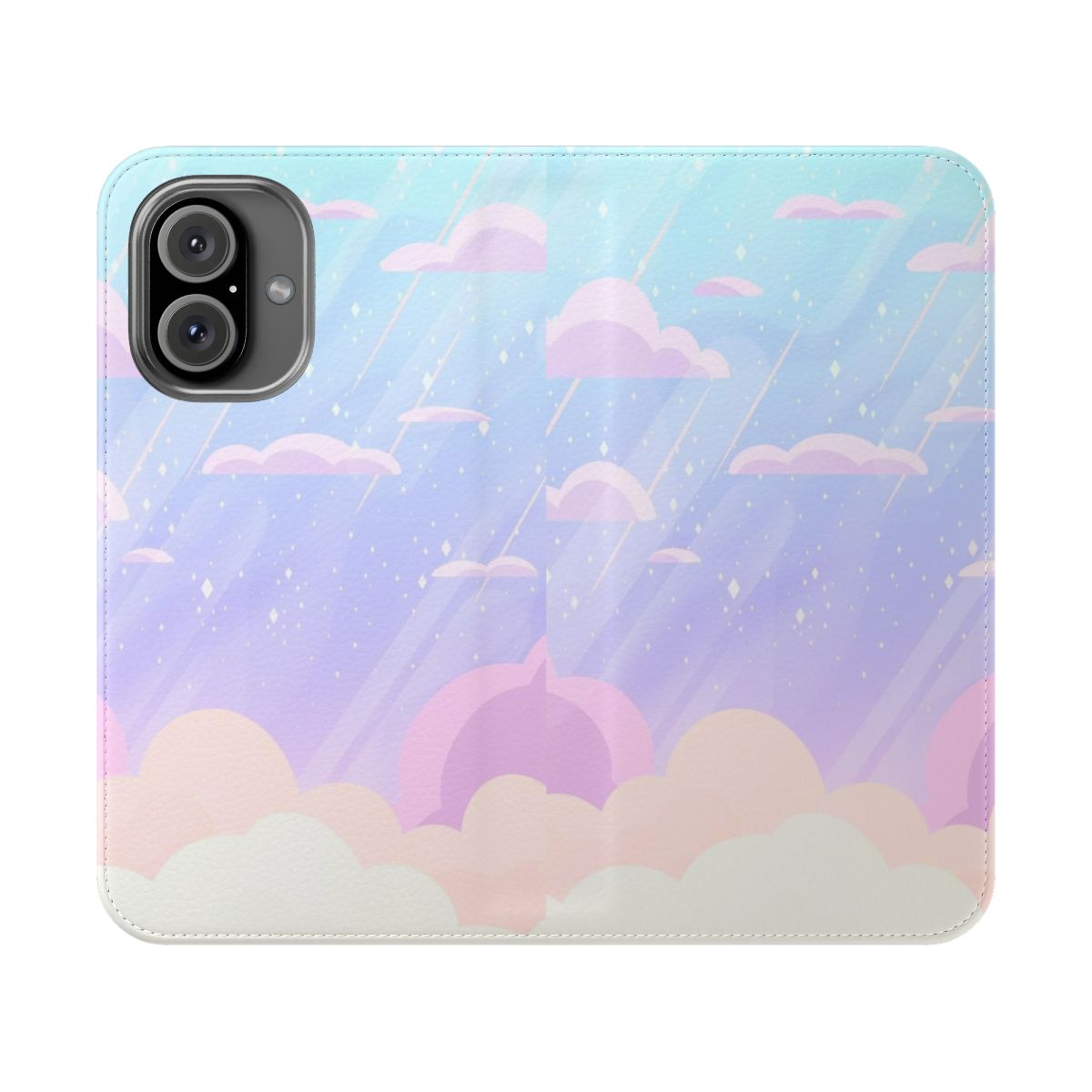 Pastel-colored phone case with a design featuring clouds, stars, and shooting stars in a dreamy, aesthetic style.