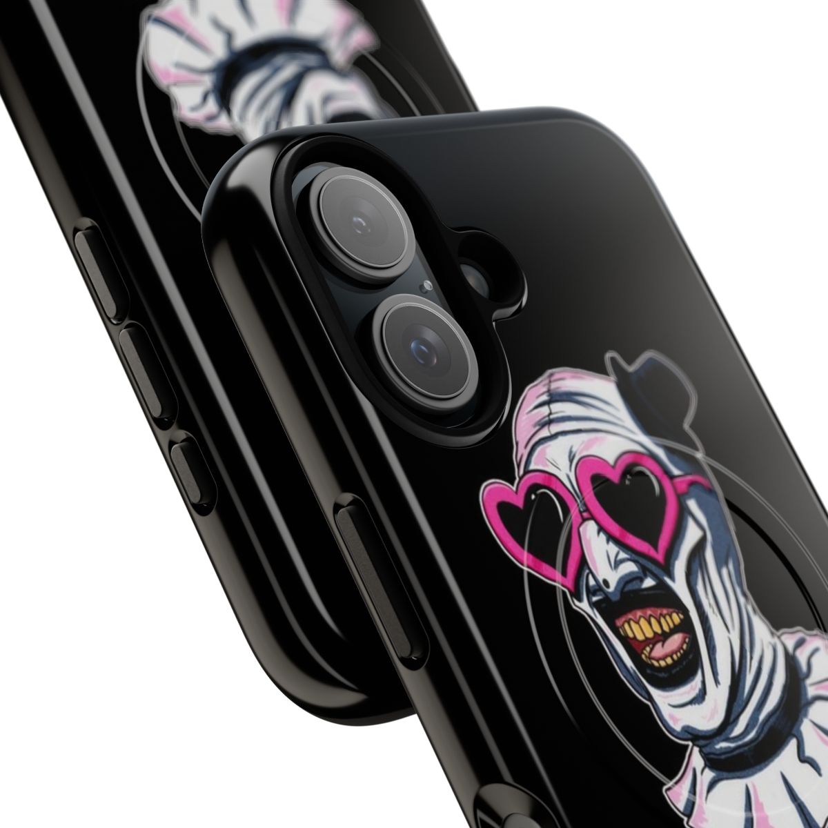 Terrifier Art the Clown phone case with heart-shaped sunglasses design - Detail