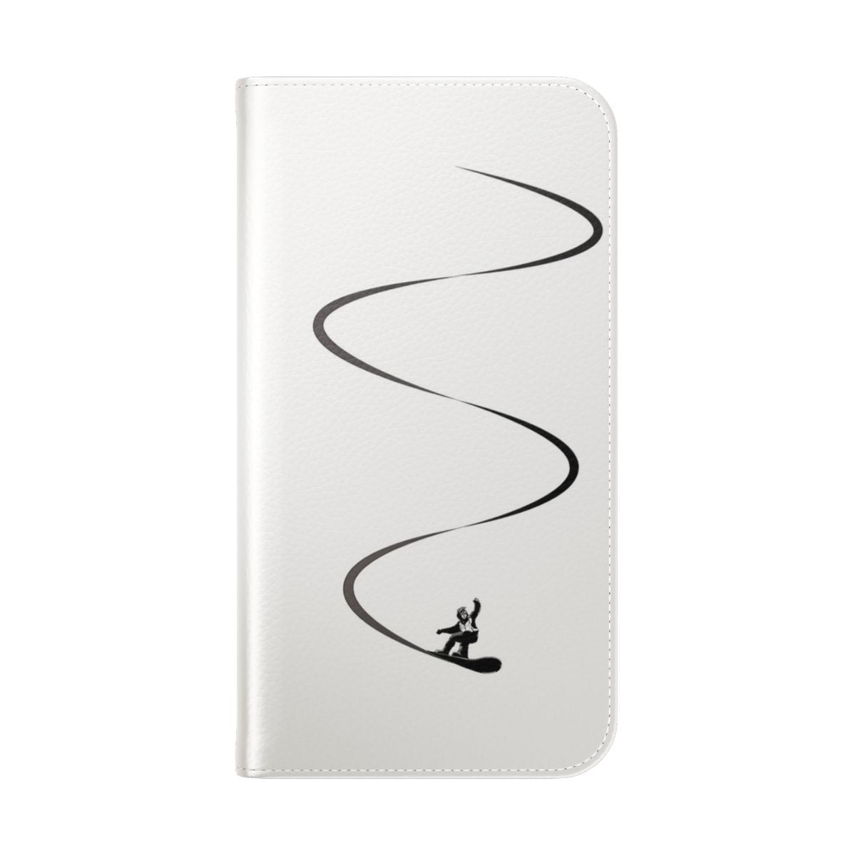 A flip cover phone case featuring a snowy, mountainous landscape design inspired by snowboarding. - Folded Back