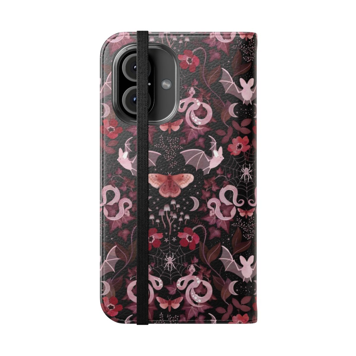 Moody gothic bat and snake damask pattern printed on a flip cover phone case - Folded Front