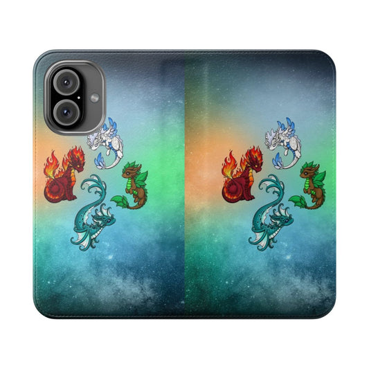 Colorful fantasy phone case featuring four dragons representing the four elements - fire, earth, water, and air.