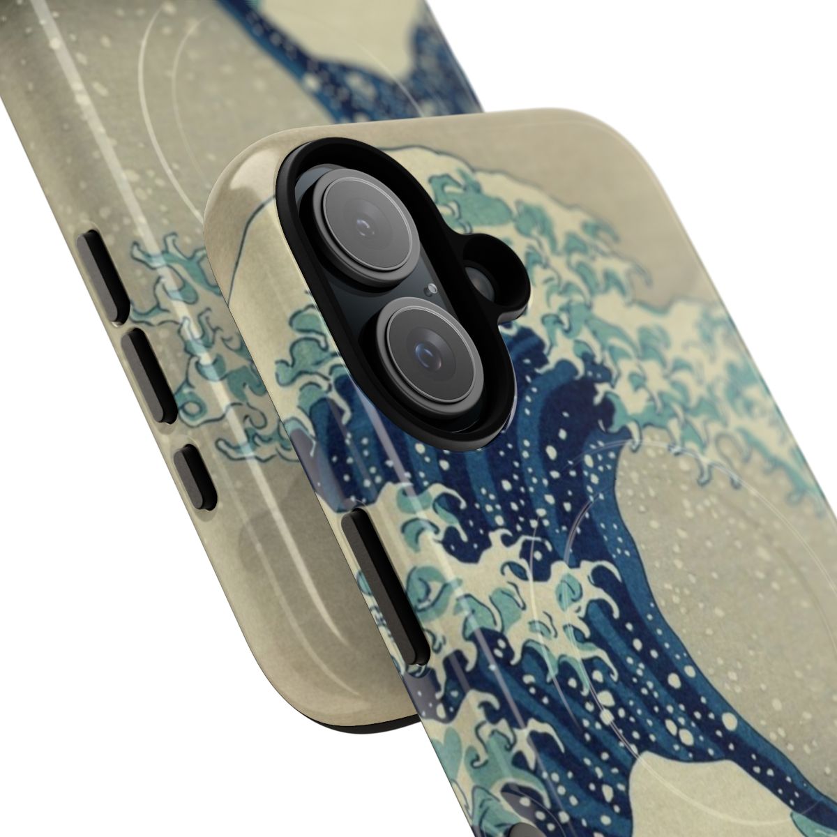 An iPhone case featuring the iconic "The Great Wave off Kanagawa" artwork by the Japanese artist Hokusai. - Detail