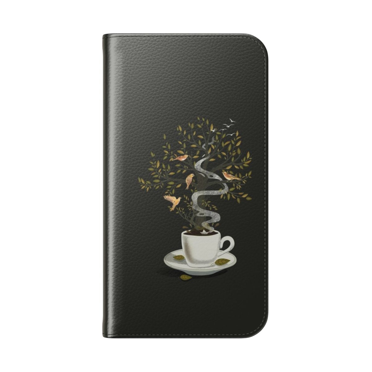 Surreal art flip cover phone case featuring birds, trees, and a cup in a dark, dreamlike setting - Folded Back