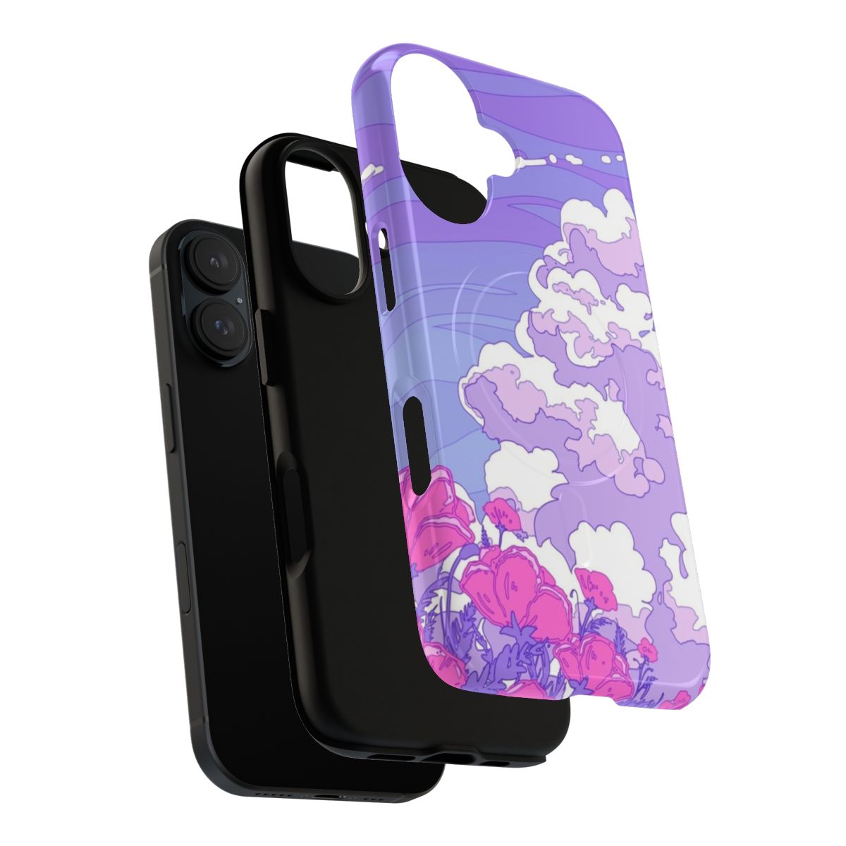 Purple sky, summer clouds, and red flowers on a magnetic tough phone case - Layers