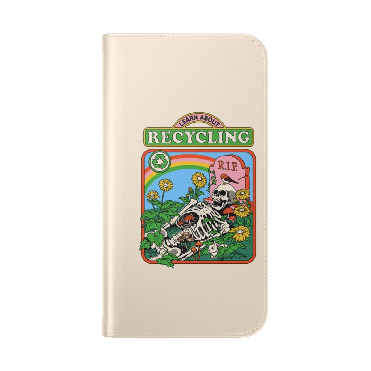 Recycled phone case with a retro, vintage design featuring mushrooms, flowers, and a skeleton - Folded Back