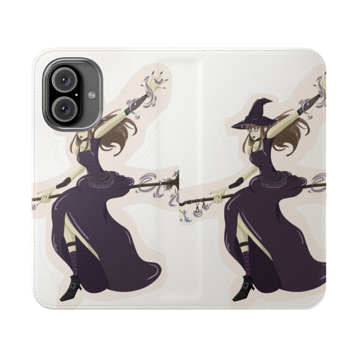 Spooky witch-themed flip phone case cover design with a flying woman on a broomstick