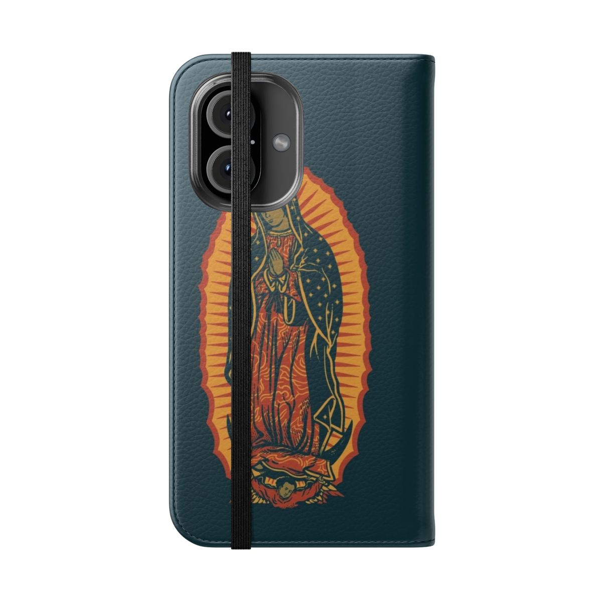 Artistic phone case design featuring the Virgin Mary of Guadalupe, a famous Catholic icon from Mexico. - Folded Front