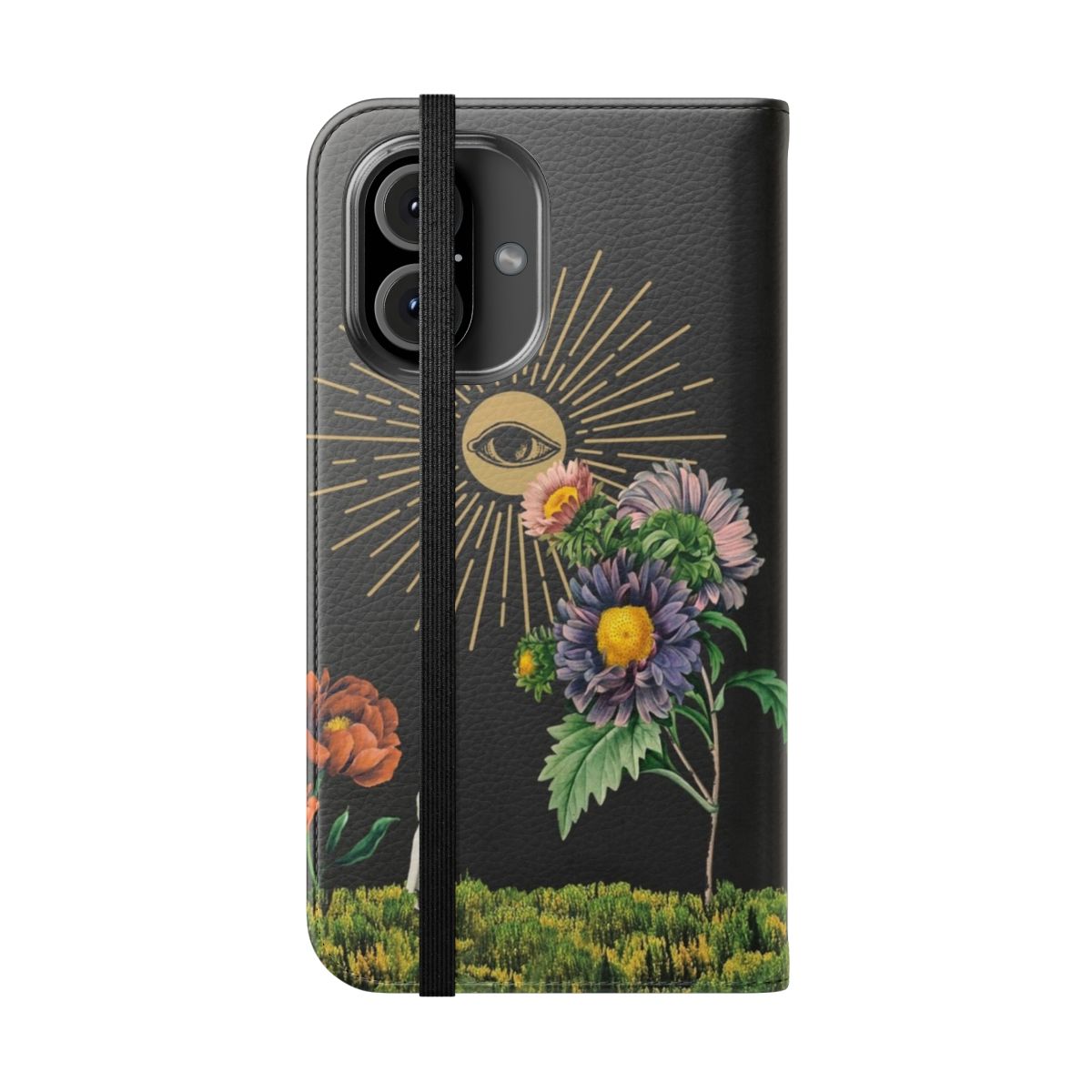 Artful solar-powered flip phone cover with a collage of surreal floral imagery, sun, and eyes - Folded Front