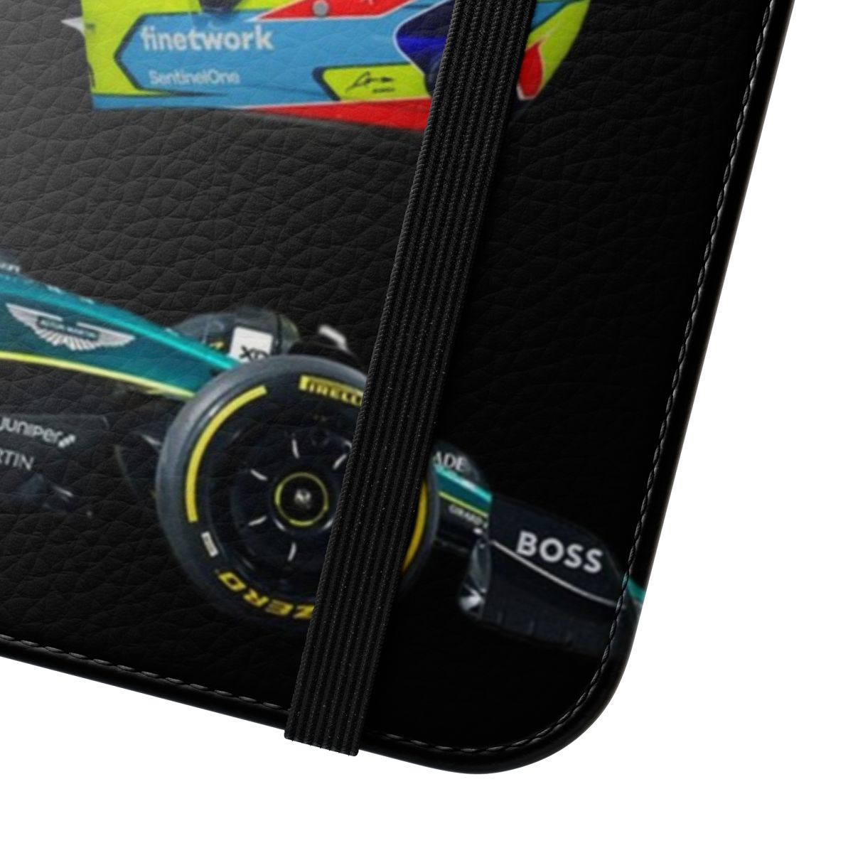 Flip phone case featuring Fernando Alonso inspired Aston Martin Formula 1 team design - Close Up