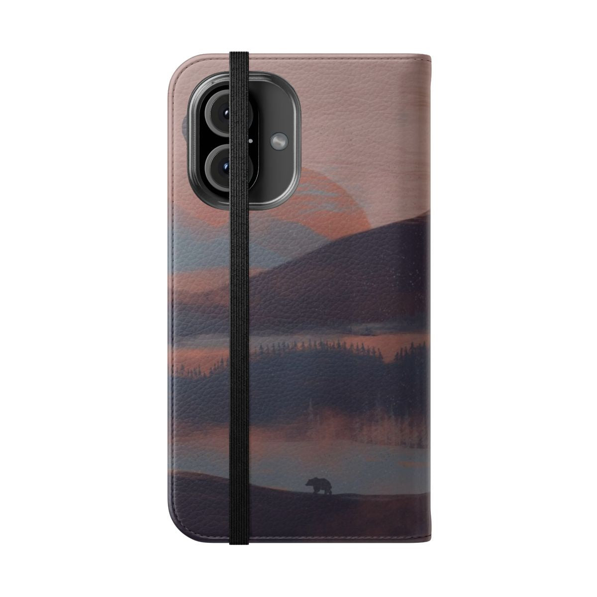 Flip cover phone case featuring a serene mountain landscape with a hot air balloon, river, and fog - Folded Front