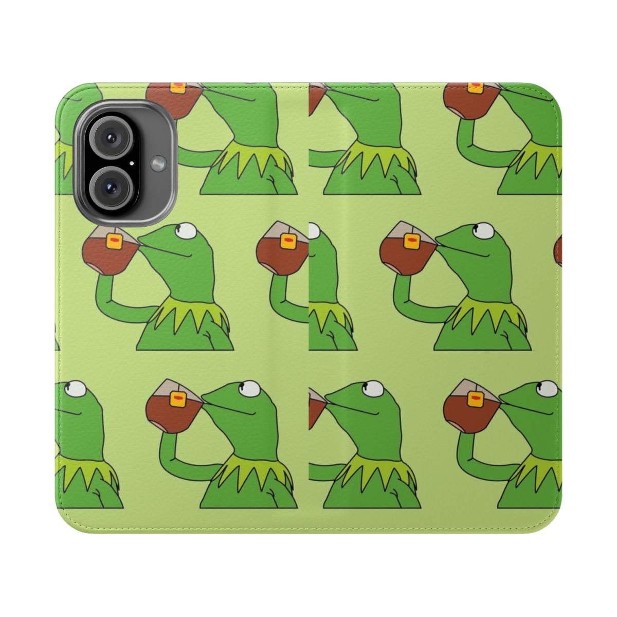 Flip phone case featuring Kermit the Frog sipping and spilling tea, a popular internet meme.