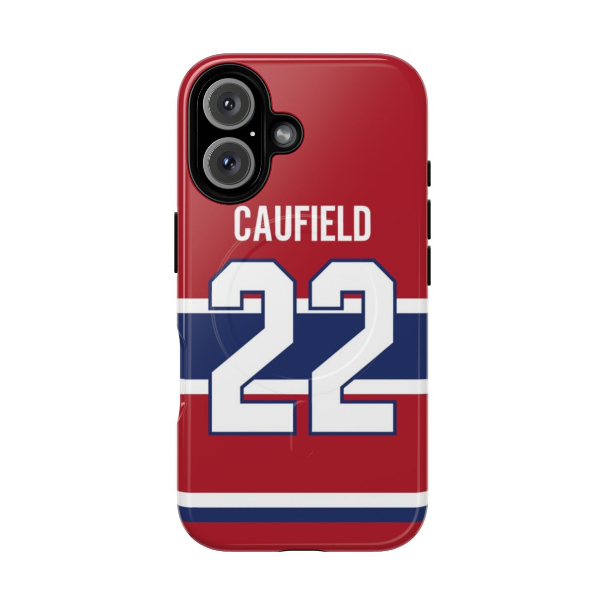 Magnetic phone case with Cole Caufield hockey player graphics and team colors