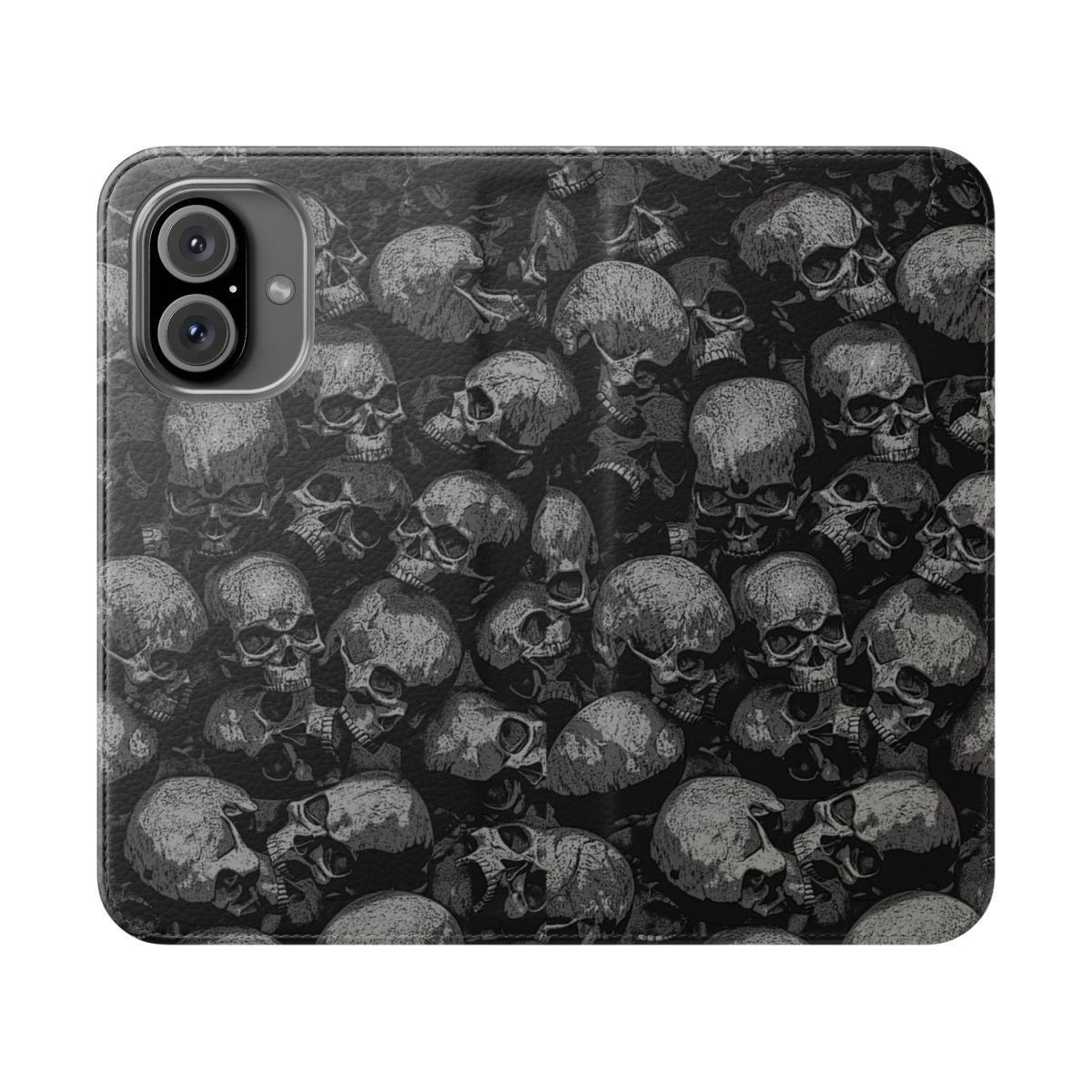 A dark gothic phone case with a skeleton and skull pattern in a spooky, macabre design.