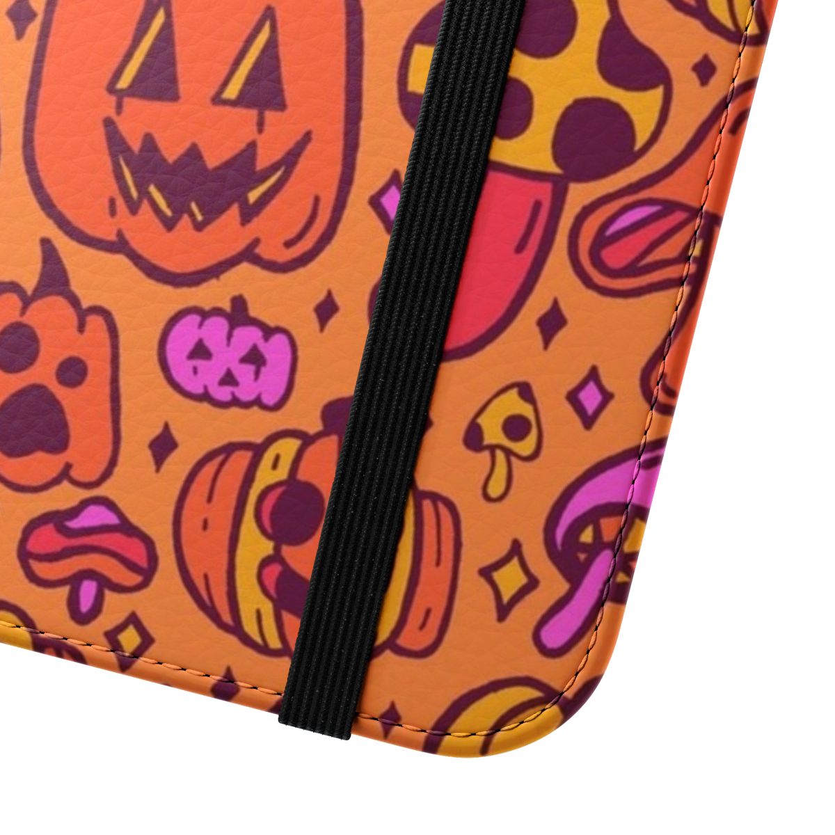 A colorful phone case featuring pumpkins and mushrooms in fall hues. - Close Up