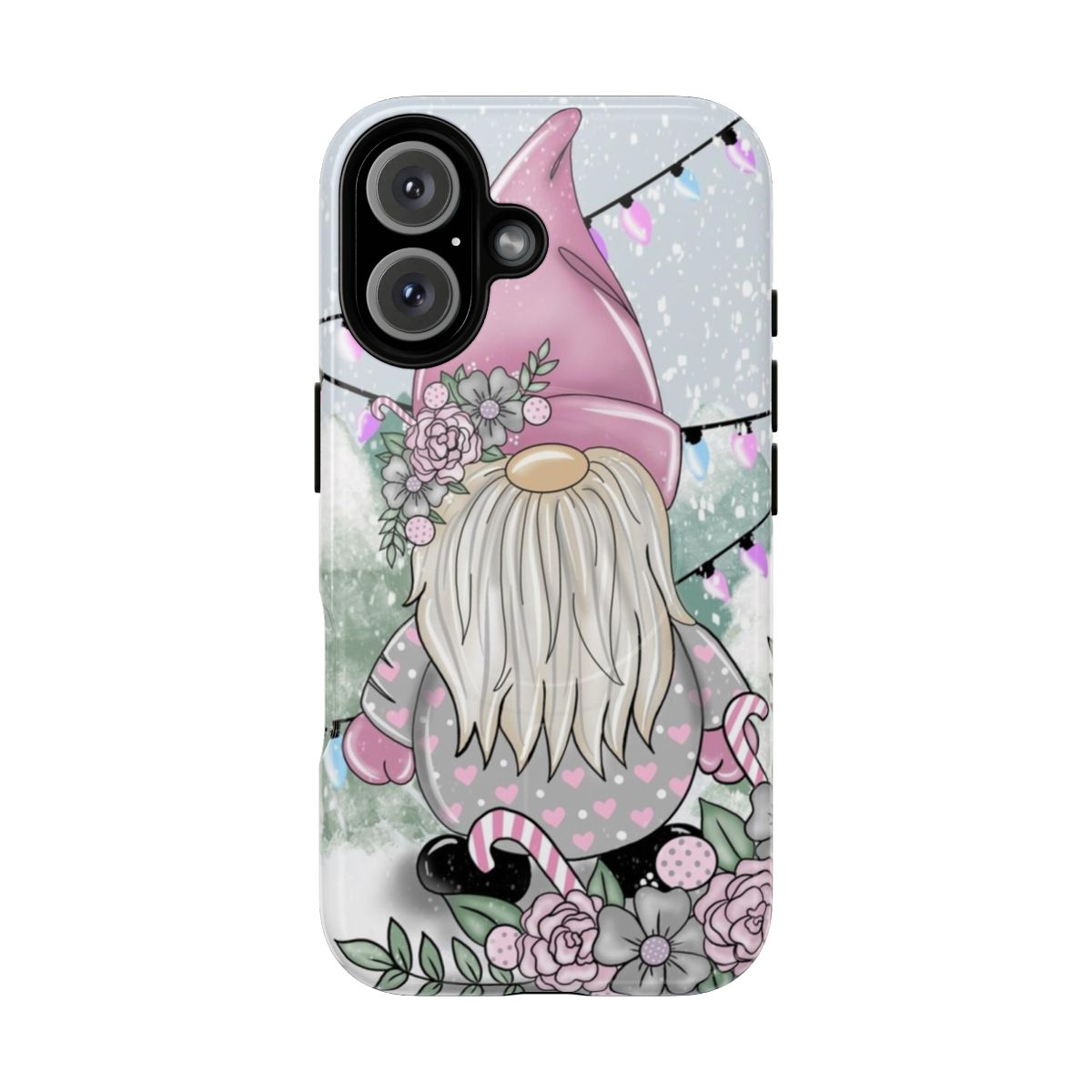 A pink and grey phone case featuring a cozy Christmas scene with a gnome, elf, and winter florals.