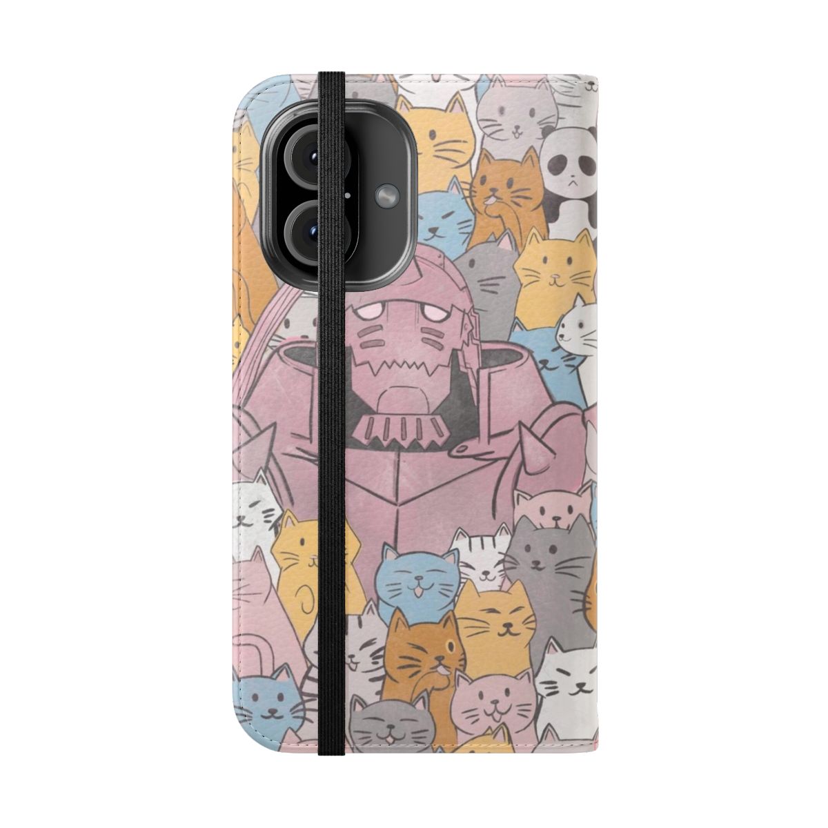 Pastel-colored flip phone case featuring adorable cats inspired by the Fullmetal Alchemist anime series. - Folded Front