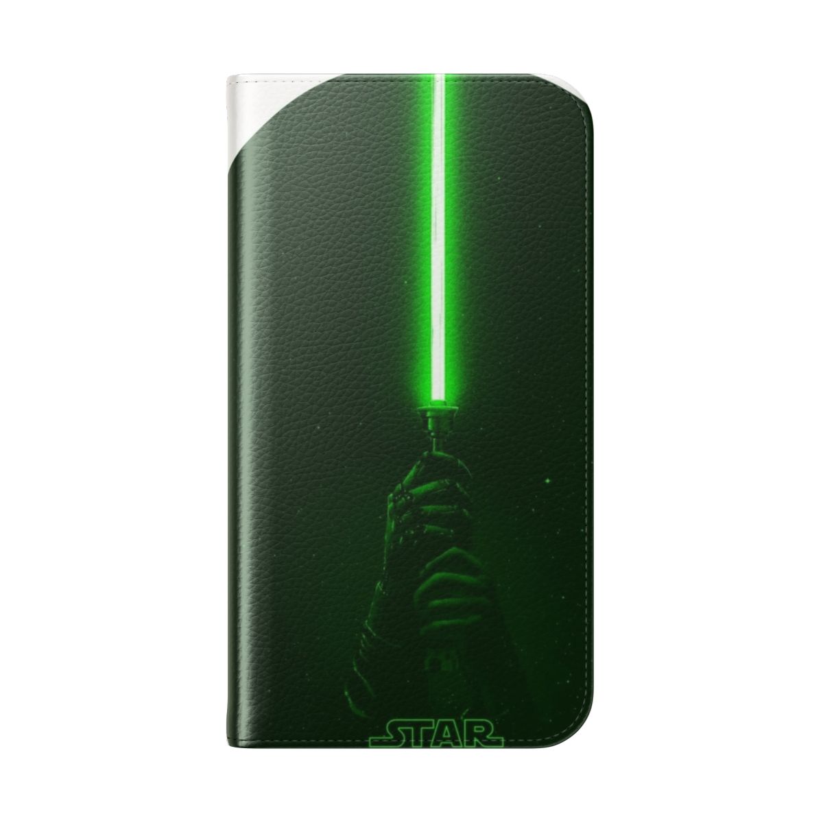 A sleek flip phone case with a green saber design, inspired by the Star Wars galaxy. - Folded Back